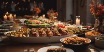 A long table with spread for Thanksgiving dinner. 