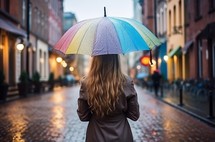 In a gray cityscape drenched by rain, a young girl walks gracefully. She carries a vibrant rainbow umbrella, a stark contrast to the dull surroundings. The view from behind captures the delicate sway of her wet, dark hair and the gentle flow of her colorful umbrella