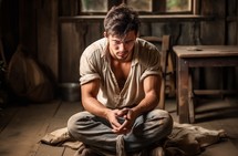 A young man praying in rustic environment