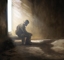 Soldier sitting while casting an angel shadow