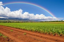 Field with a rainbow appearing after the rain