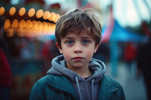 An upset 7-year-old child at an amusement park, with a blurry background capturing the emotional moment