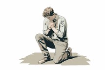 Young man praying with hands clasped in prayer. Concept of faith and hope. Vector illustration.