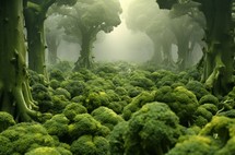 A broccoli forest with towering broccoli trees