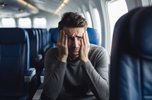 A distressed man on an airplane displaying signs of anxiety or a panic attack, highlighting the challenges of air travel for some individuals
