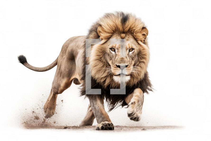 Male Lion running in the sand against a white background