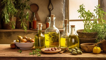 Arrangement of olive oil bottles and various ingredients