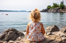 A 3-year-old girl in a swimsuit sits on a rocky shore, gazing into the distance at a small sea, capturing the essence of summer vibes and youthful wonder