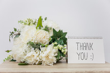 thank you and white flower bouquet 