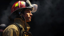 Firefighter with helmet and uniform looking away on black background with smoke