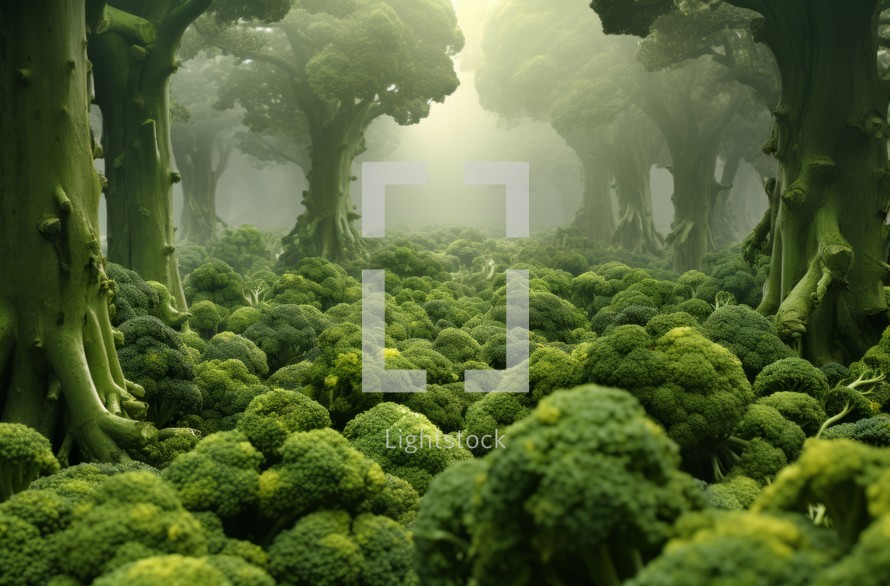 A broccoli forest with towering broccoli trees