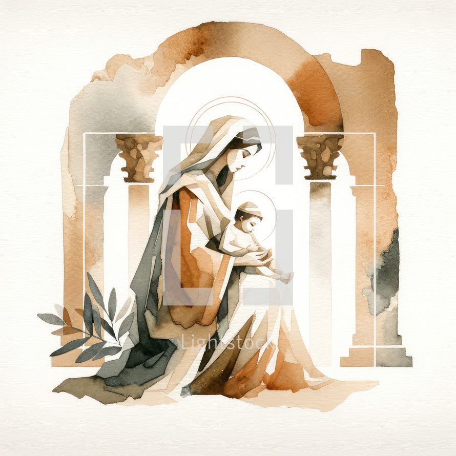 Nativity. Mother Mary and Baby Jesus. Watercolor illustration, architecture details