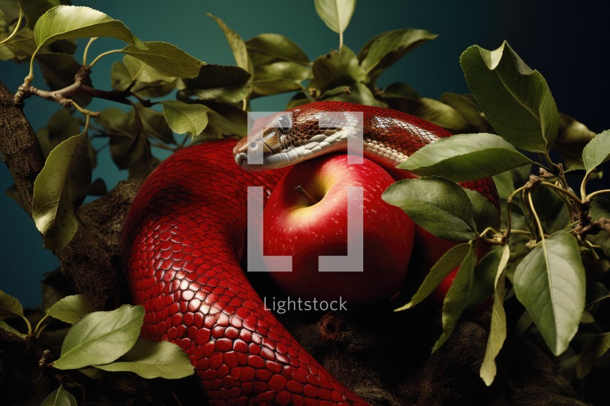 The original sin, the forbidden fruit. Red snake with the apple 