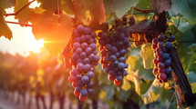 Bunches of red wine grapes vineyard. AI Generative