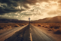 Cross on the road in the desert