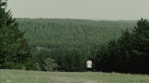 man walking downhill into a pine forest 