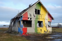 A rainbow painted on a damaged or destroyed house