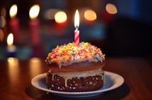 A hamburger with a lit birthday candle on a blurry backdrop, creating an unusual and playful birthday celebration scene