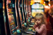 An upset child playing on out-of-focus slot machines, capturing the disappointment or distress associated with gambling environments