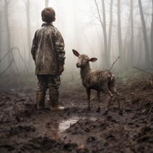 A boy standing above a young lamb in a muddy area, creating an endearing and rustic scene