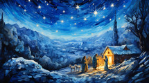 Painted nativity scene at night.