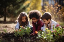 A heartwarming scene unfolds as children of various races, all 7 years old, come together to plant plants. They work harmoniously, their little hands carefully placing each seedling into the earth