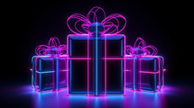 Neon glowing gifts on dark background. 
