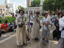 LONDON, UK - CIRCA JUNE 2018: Women suffrage at 100. Women march across London to the Parliament Square to celebrate the centenary of female voting.