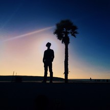 Silhouette of a man standing by a tree at sunset.