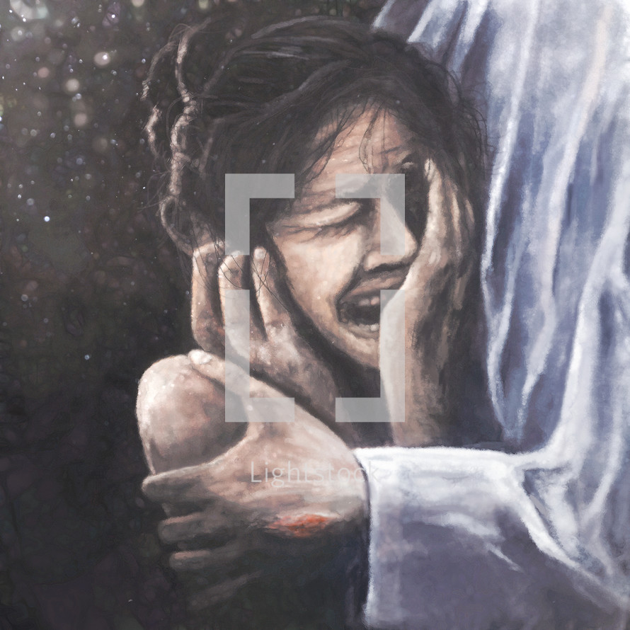 A digital painting of a crying woman being held tight by Jesus.