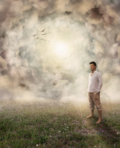 a man standing in a meadow with birds circling in the clouds overhead 