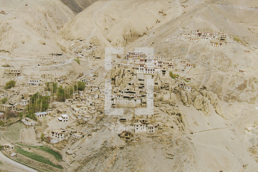 aerial view of a mountain side village