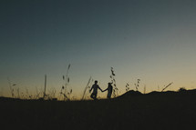 silhouette of a coupe holding hands in a field