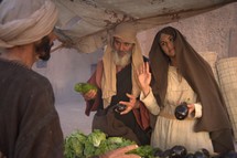 people at a vendor in a market in biblical times 