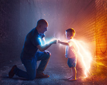 A father spends time with his child pretending to be a superhero.