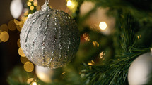 Silver ball on the branches of a christmas tree