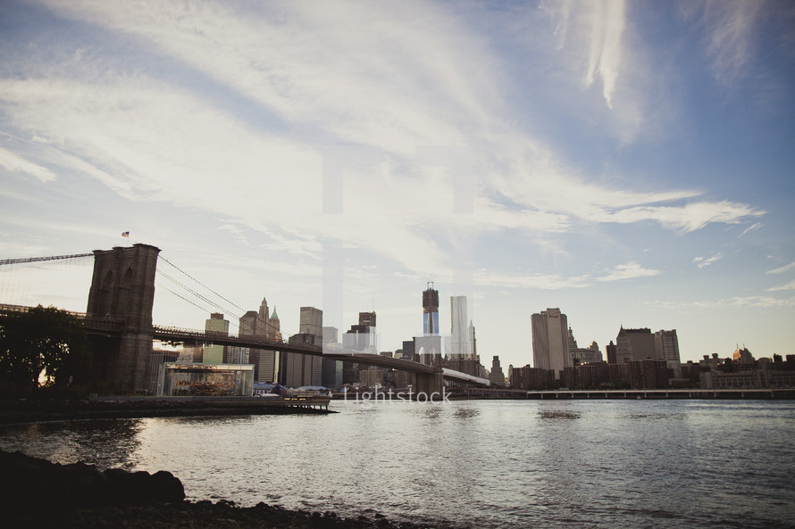 The Brooklyn Bridge and the skyline of Manhattan