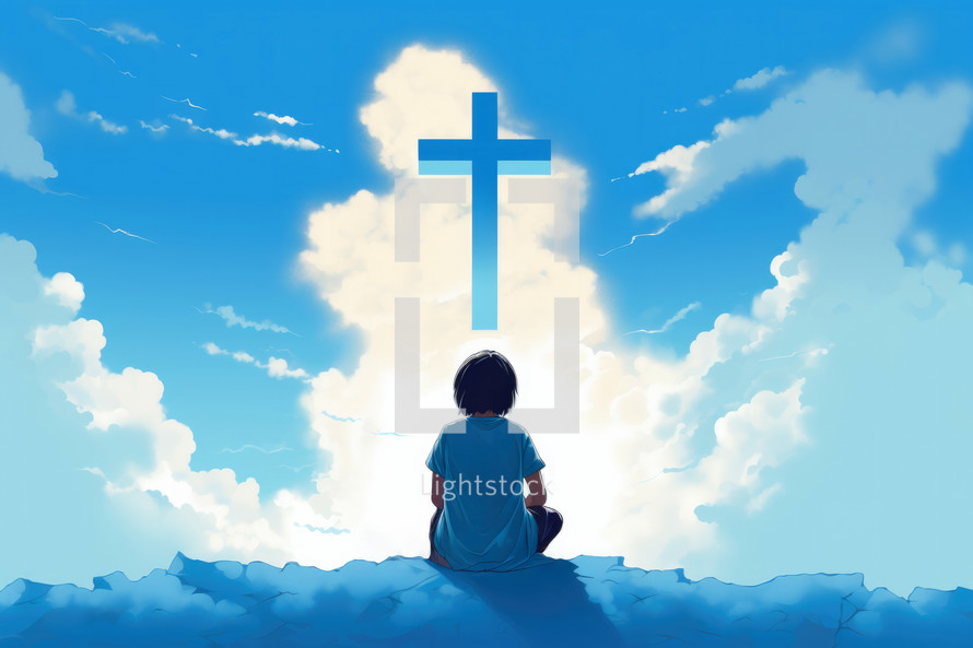Cartoon illustration of a little boy sitting on the cliff and praying at the cross in the sky