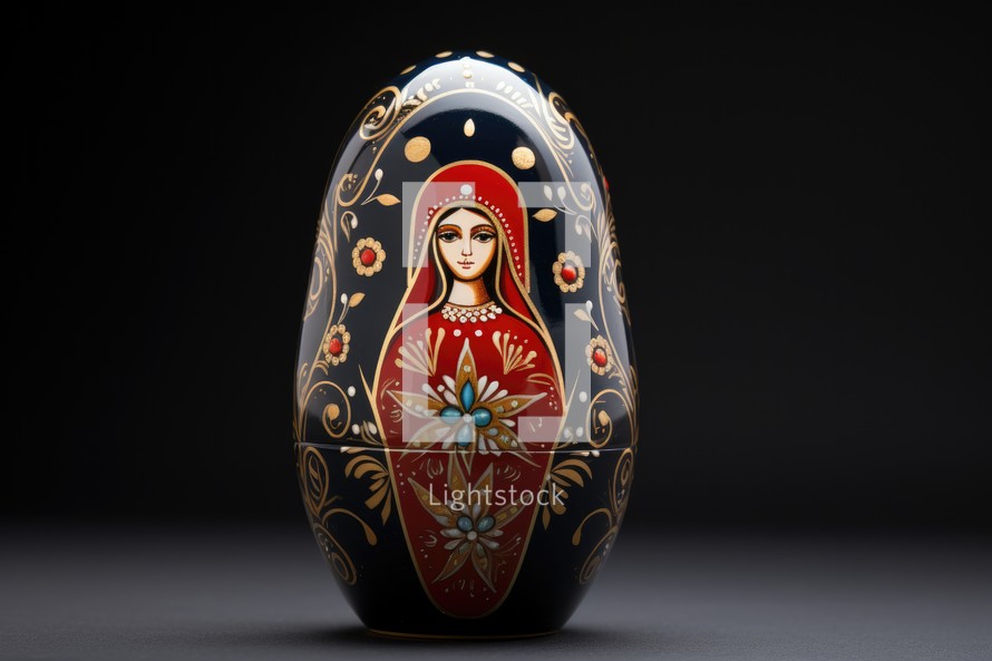 Easter egg with the image of the Mother Mary on a black background