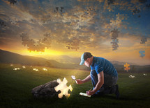A man studies a puzzle piece falling from the sky, showing that the world is falling apart and the end times are coming.