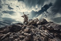 Soldier carrying a cross on top of mountain