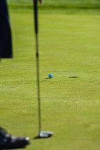 Golf ball being putted into hole on green.