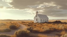 Old church in the middle of the desert at sunset