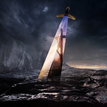 A large sword stuck in the rock, with Jesus on the cross in the reflection
