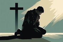 Man pray in front of the cross in the mountains. Vector illustration