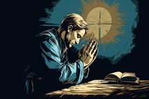 Vector illustration of a man praying in front of the holy bible