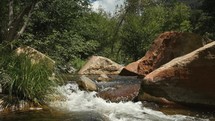 Water flowing through large rocks in a mountain stream