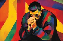 Painting of a man praying on colorful wall background
