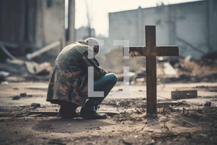 Man praying on the ground with a cross in the background