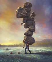 a man tries to pick up and carry as many heavy stones as he can.